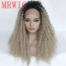 Cheap MRWIG short dark roots 1b#/27#mixed #613 blonde hair color long kinky curly synthetic front lace wig Cheap MRWIG short dark roots 1b#/27#mixed #613 blonde hair color long kinky curly synthetic front lace wig
