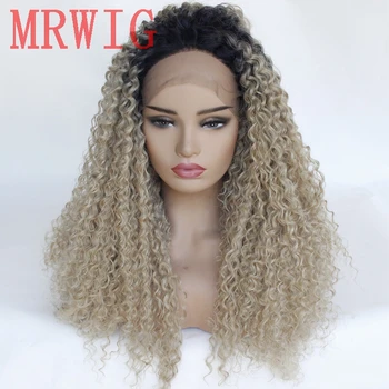 

MRWIG short dark roots 1b#/27#mixed #613 blonde hair color long kinky curly synthetic front lace wig