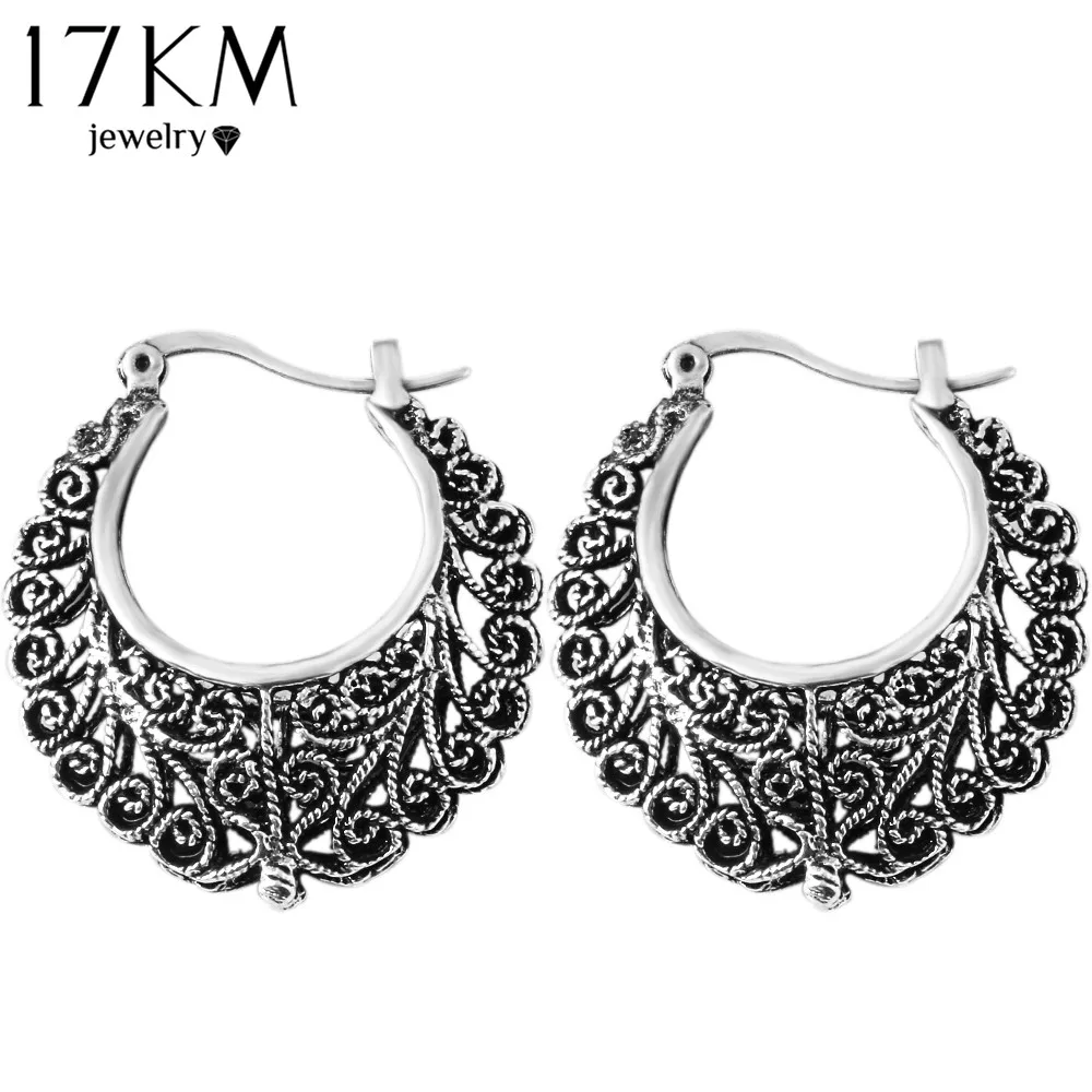 

17KM Brand Retro Antique Tibet Silver Color Flower Earrings Hollow Vintage Brincos Drop Earrings For Women Pendiente Party Gift