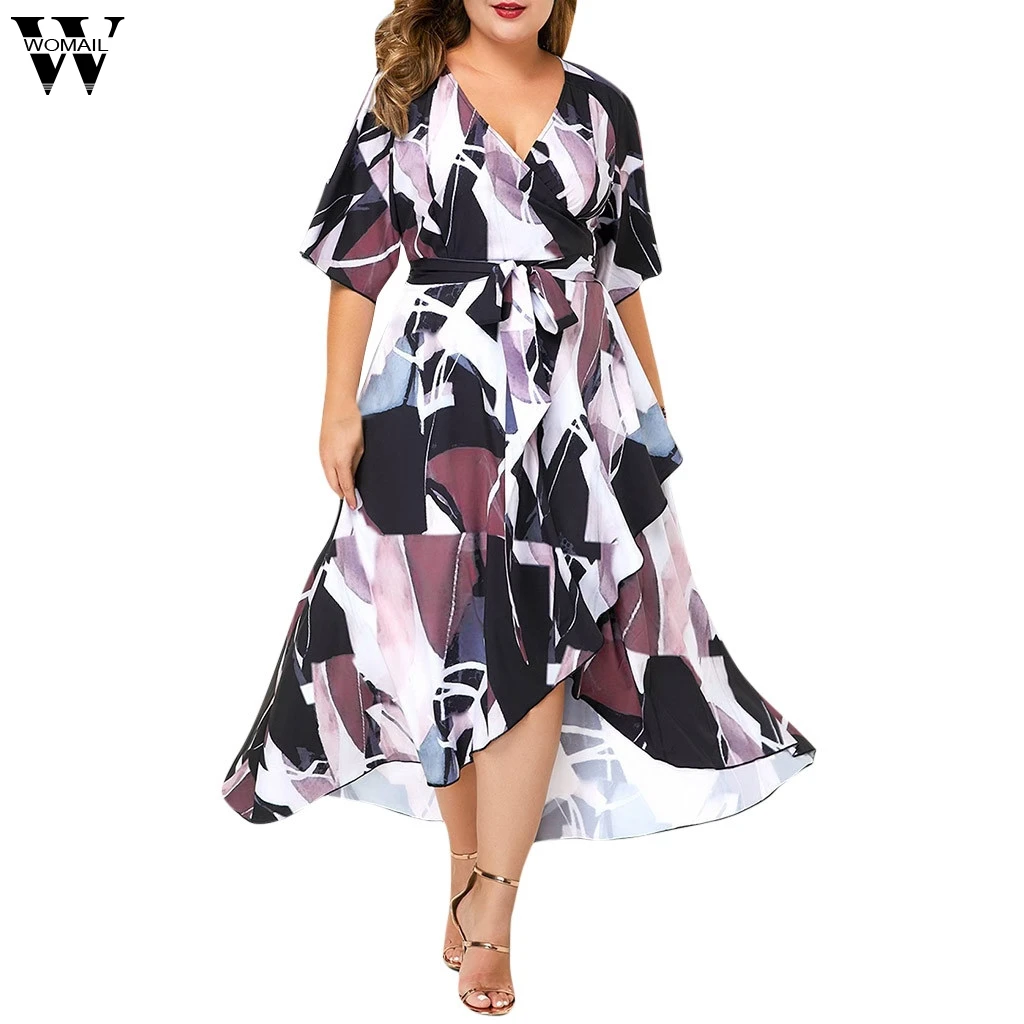 

Womail Plus Size Women's Dresses Short Sleeve Fahsion Casual Asymmetrical V-Neck Print Dress Ankle-Length Dress JUNE26 Vestido