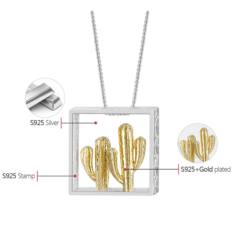 Lotus Fun Real 925 Sterling Silver Handmade Fine Jewelry Desert Series 18K Gold Cactus Design Pendant without Necklace for Women