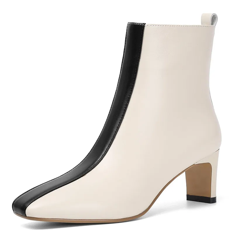 FEDONAS New Arrival Genuine Leather Women Ankle Boots Warm Autumn Winter Fashion Elegant Square Toe High Heels Shoes Woman - Цвет: beige white