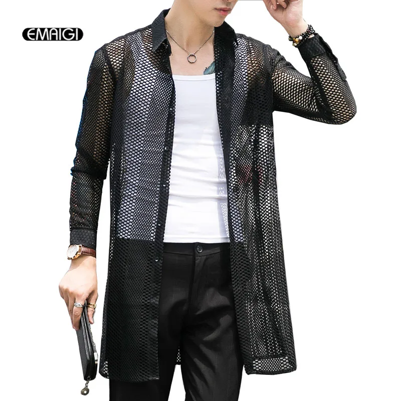 

New Men Long Sleeve Hollow Mesh Shirts Male Fashion Casual Long Translucent Cardigan Shirt Jacket