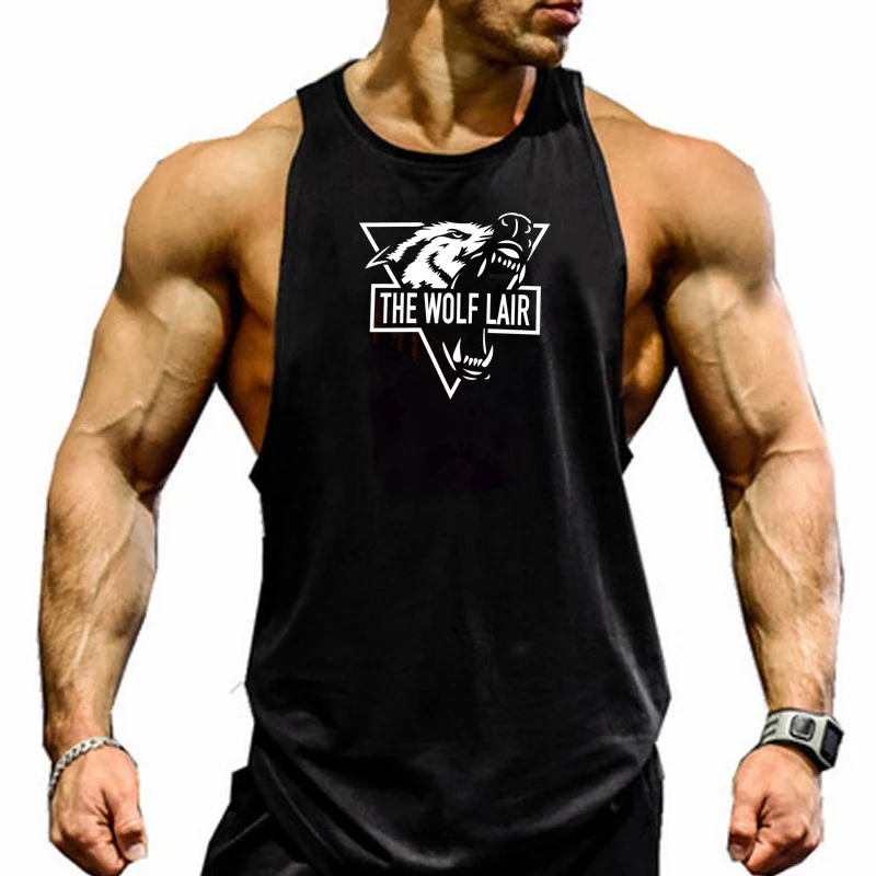 

Cotton Gym Tank Tops Men Sleeveless Tank tops Wolf print For Boys Bodybuilding Clothing Undershirt Fitness Stringer workout Vest