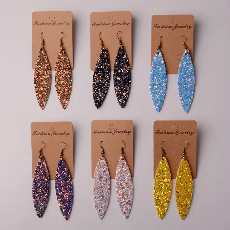 

Rainbery 6 Colors New Teardrop Leather Earrings Antique Sequins Looking Various MultiColors PU Leather Leaf Dangle Drop Earrings
