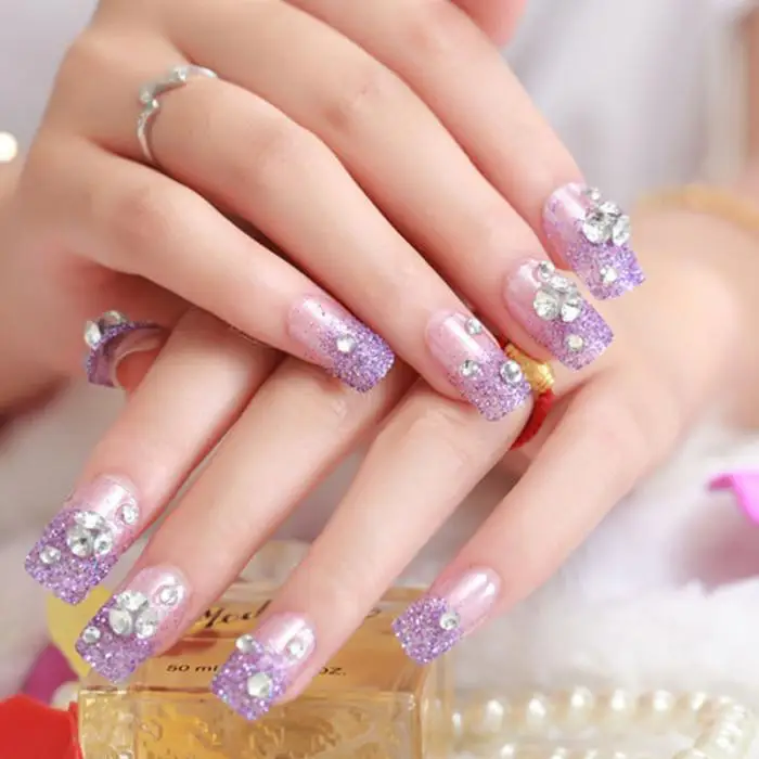 Сверкающие Стразы фиолетового цвета для свадебного торжества, накладные ногти, 3D блестки, вечерние искусственные ногти с клеем, дизайн, советы для дизайна ногтей