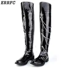 ERRFC/модные черные мотоциклетные ботинки мужские сапоги выше колена из лакированной кожи 66 см для танцев на шесте очаровательные мужские ботинки на молнии с цепочкой, размеры 38-44