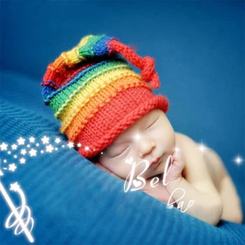

Newborn photo props rainbow color baby knitted newborn beanie hat with little tail baby photography props fotografia accessories