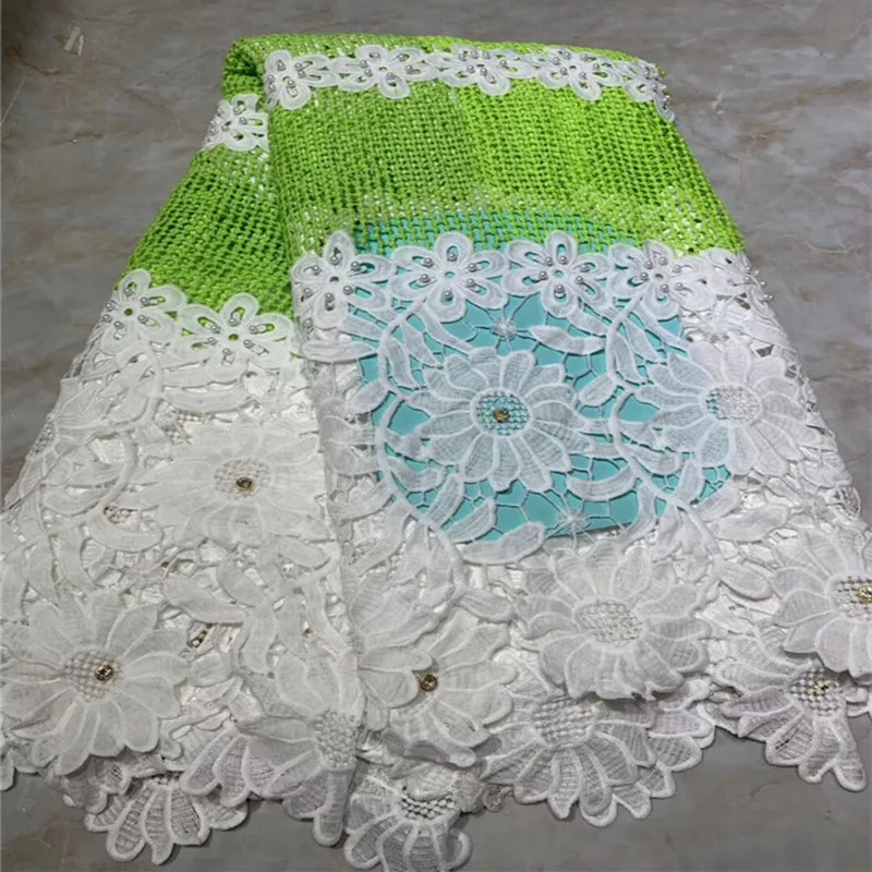 

Beautiful African Guipure Lace Fabric High Quality Milk Silk African Water Soluble Cord Lace Fabric With Beaded&Stones NLY67-1