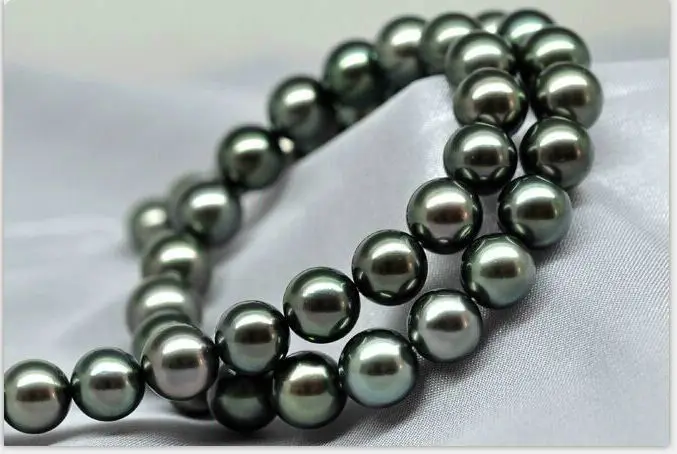 

FREE SHIPPING>>>stunning AAA 12mm tahitian round black green pearl necklace 18inch silver