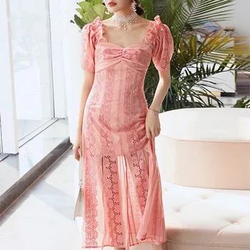 

Brand Women Dresses 2019 Summer Square Collar Puff Sleeve pink/white Lace Dress Sexy Split Fork Lace Beach Dress high quality