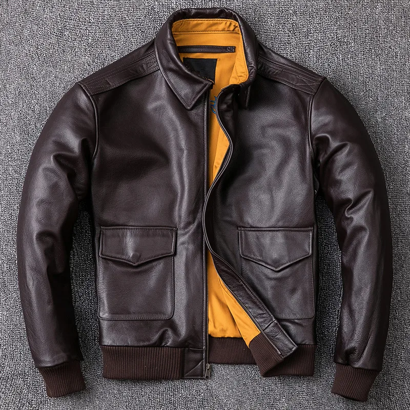 Excellent FREE SHIPPING Genuine Thick Cowhide Russian Loose Aviator Leather Jacket Brown Men USAF Pilot Leather Jacket Plus Size 4XL 0