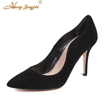 

Women Black Flock Pumps Female Wave High Heel zapatos mujer tacon, plus size 9 16 11 Autumn Slip-on Career Office Shallow 10cm