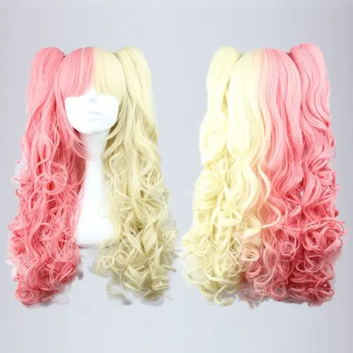 

MCOSER Free Shipping Famous Yellow and Pink Colorful Lolita Long Curly Two Braids Cosplay Lolita Wig