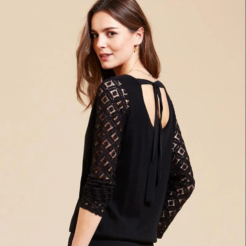 

Women Lace Long Sleeve Tie Backless Sweet Shirt Top