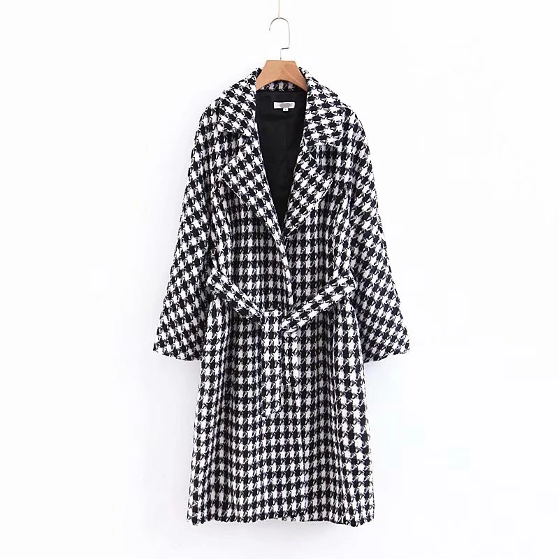 

2019 Women Winter Houndstooth Print Trench Female Fashion Autumn Warm Coat Feminine Adjustable Waist Slim abrigos mujer invierno