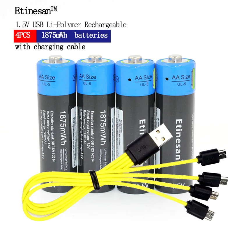 Etinesan 1,5 V AA 1875 mwh литий-полимерные литий-ионные перезаряжаемые литиевые USB аккумуляторные батареи