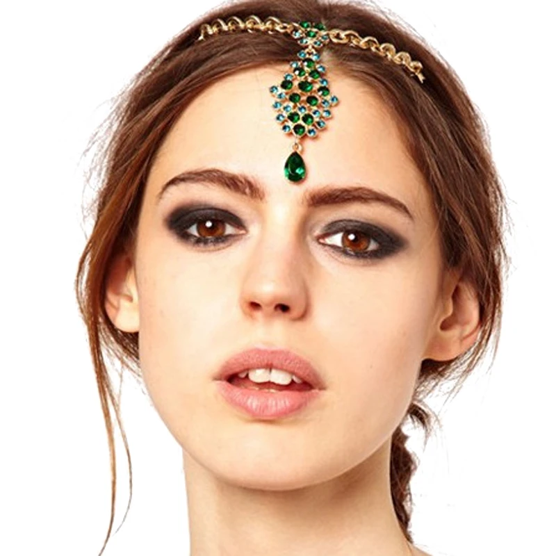 

Women Forehead Hair Jewelry Bridal Hairpin Wedding India Hair Accessories Green Crystal Frontlet Headpiece Rhinestone Head Chain