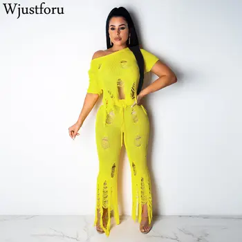 

Wjustforu Sexy Ripped Knitted Two Piece Set Women Beach Hole Tops + Wide Leg Pants Female Hollow Out Beach 2 Piece Set Vestidos