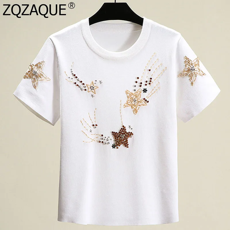

Luxury Summer Autumn Knitted Women T-shirts Diamonds Stars Pattern Beading Tops O Neck Tshirts Knit Tees Girls T Shirts 2019 New