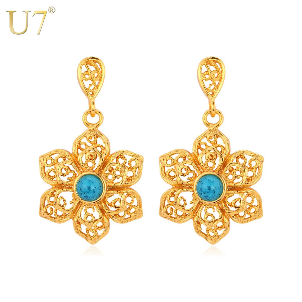

U7 Vintage Lace Flower Earrings Gold Color Blue Stone Fashion Jewelry Wholesale Dangle Earrings For Women E472