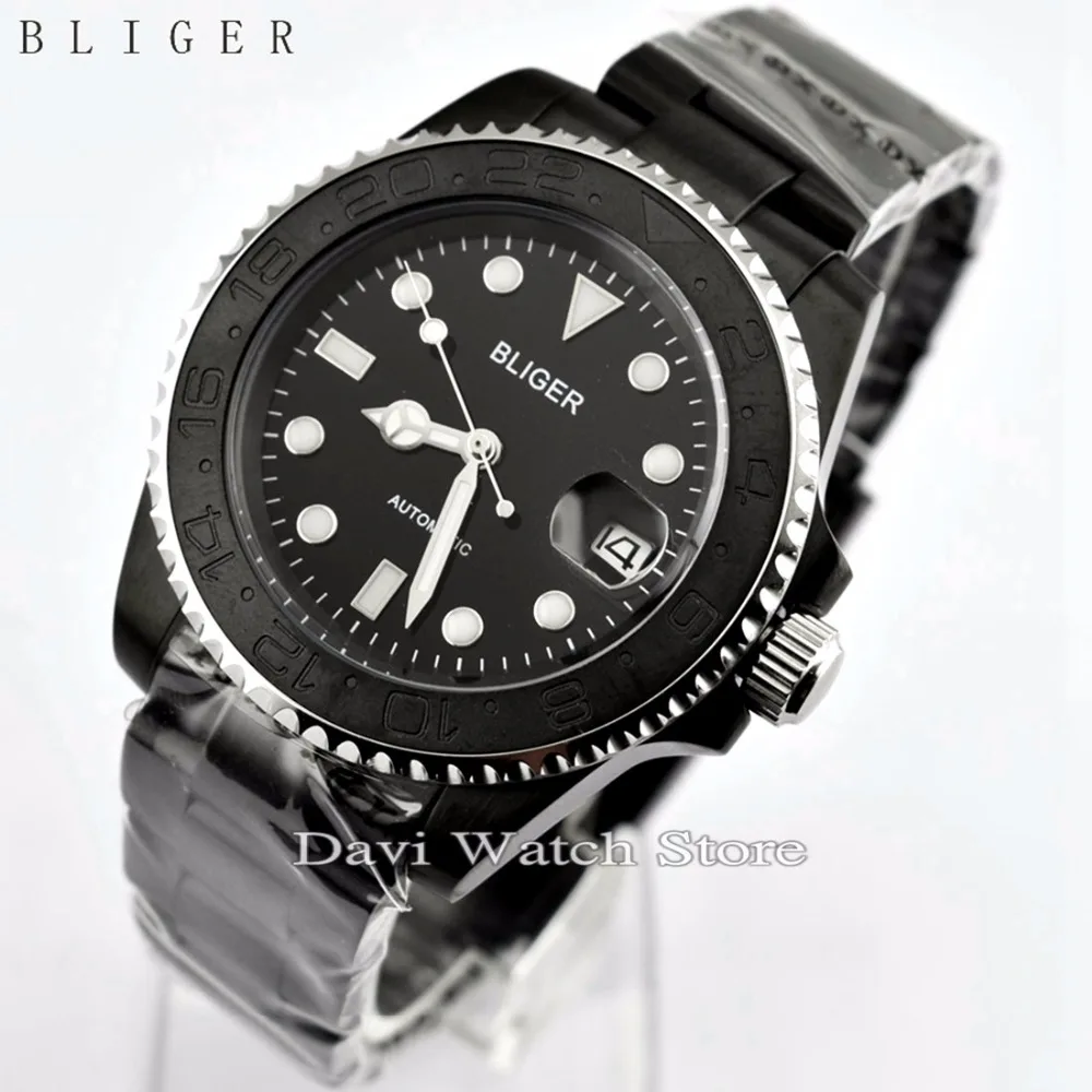

40MM BILGER BLACK CERAMIC BEZEL LUMINOUS HANDS DIAL SAPPHIRE GLASS AUTOMATIC DATE MENS WATCH