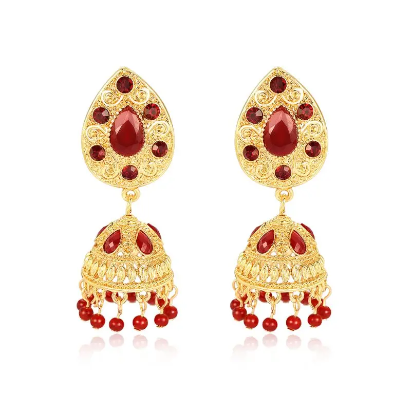 

Ethnic Earrings India Women Dangle Gold Luxury Rhinestone Tassel Beads Pendant Tradition Carved Vintage Gypsy Fringe Jewelry
