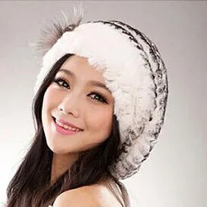 Брендовая зимняя женская модная шапка Настоящий мех кролика женская мягкая эластичная шапка из натурального меха - Цвет: white plus black