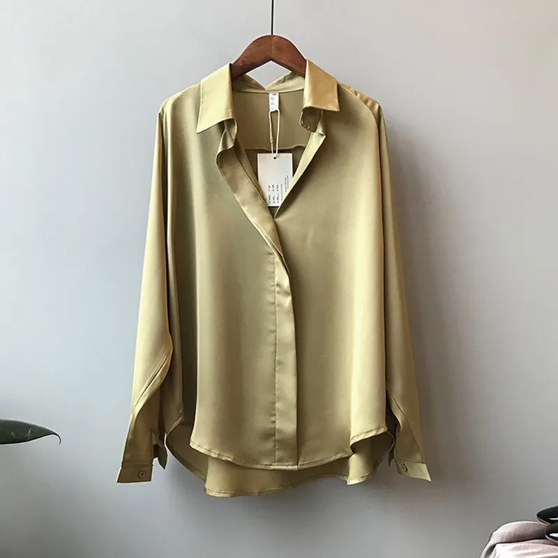 

2019 Spring Women Korean Fashion Long Sleeves Satin Blouse Vintage Femme V Neck Street Shirts Elegant Imitation Silk Blouse