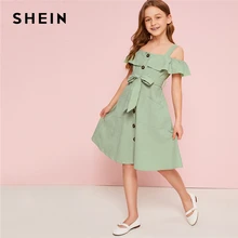 SHEIN Kiddie Green Cold Shoulder Ruffle Trim Belted Boho Shirt Dress 2019 Summer Button Front High Waist Knee Length Cute Dress knot front ruffle trim dress