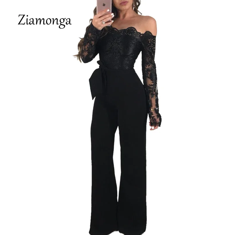 

Ziamonga Sexy Strapless Hollow Out Women Autumn Jumpsuit Elegant Long Sleeve Female Lace Patchwork Rompers Women Overalls