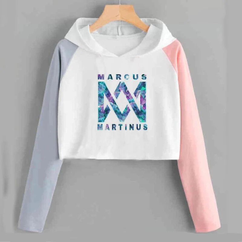 

Marcus and Martinus Crop Top Hoodie Women Casual Long Sleeve Short Sweatshirt Spring Autumn Fashion Pink Cropped Hoodies