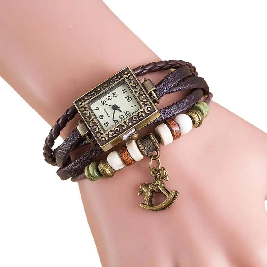 Модные женские часы, браслеты, женские кварцевые часы с кожаным плетением, троянский браслет, элегантные женские часы, relogio Feminino saat - Цвет: Brown