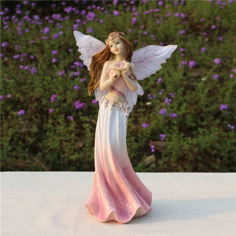 Sweet Floral Fairy Figurine Handmade Resin Pink Wings Fairy Statue