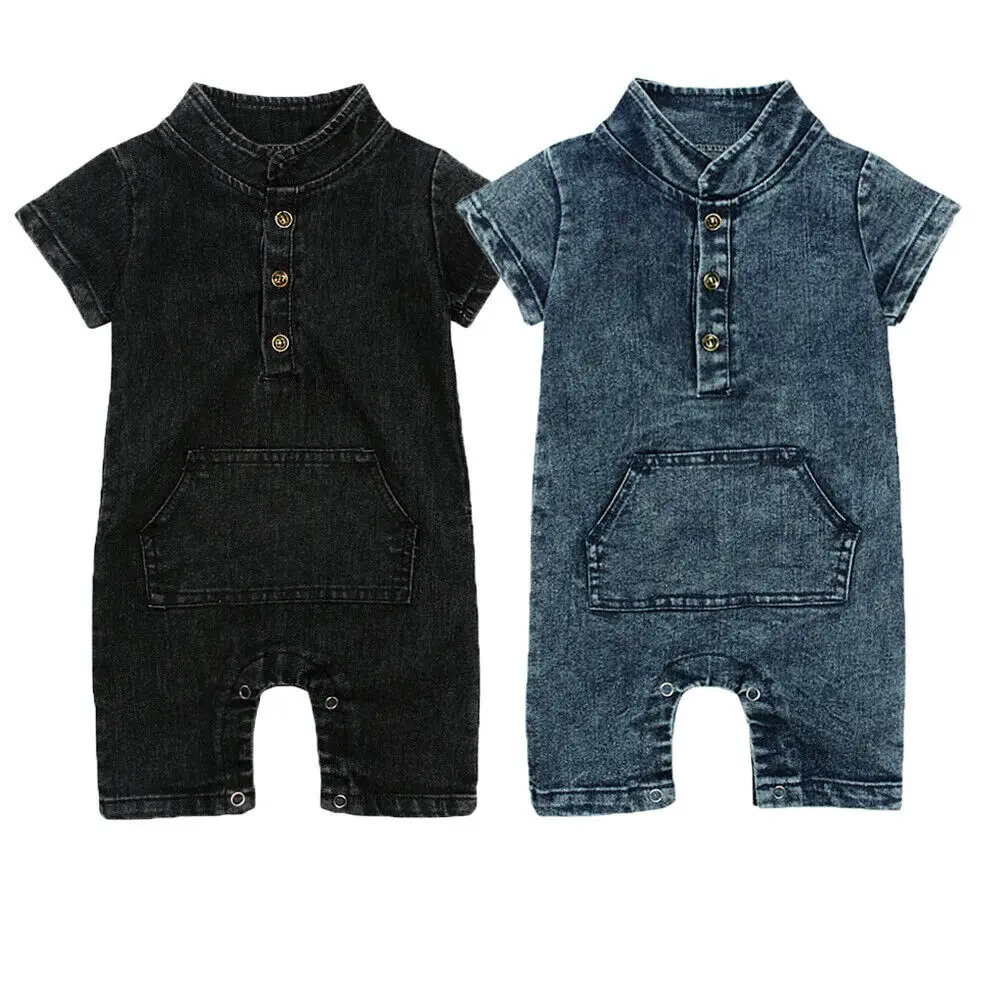 

Solid Buttons Decor Short sleeve Denim Romper Jumpsuit For Baby Boy