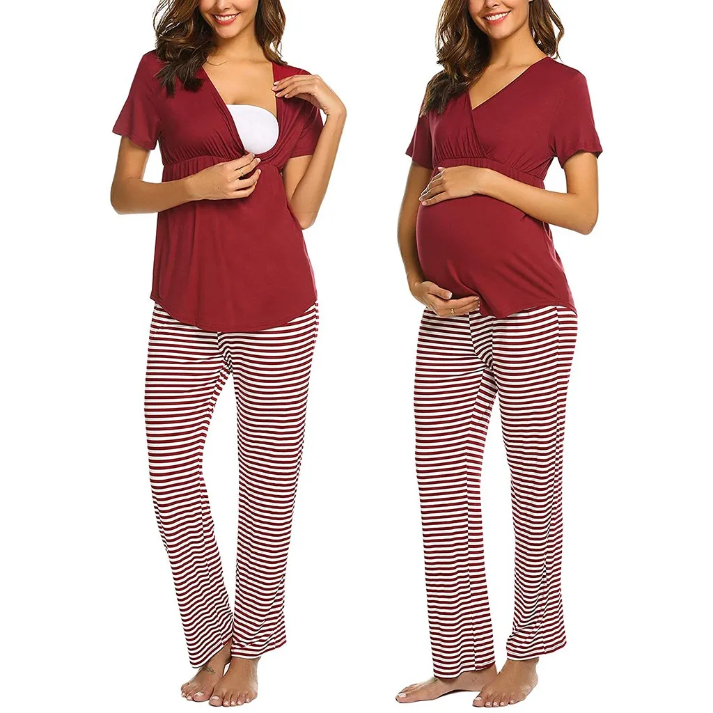 Женский пижамный комплект для кормящих матерей, футболка для малышей, штаны в полоску, с v-образным вырезом, одежда для кормящих мам, Одежда для беременных