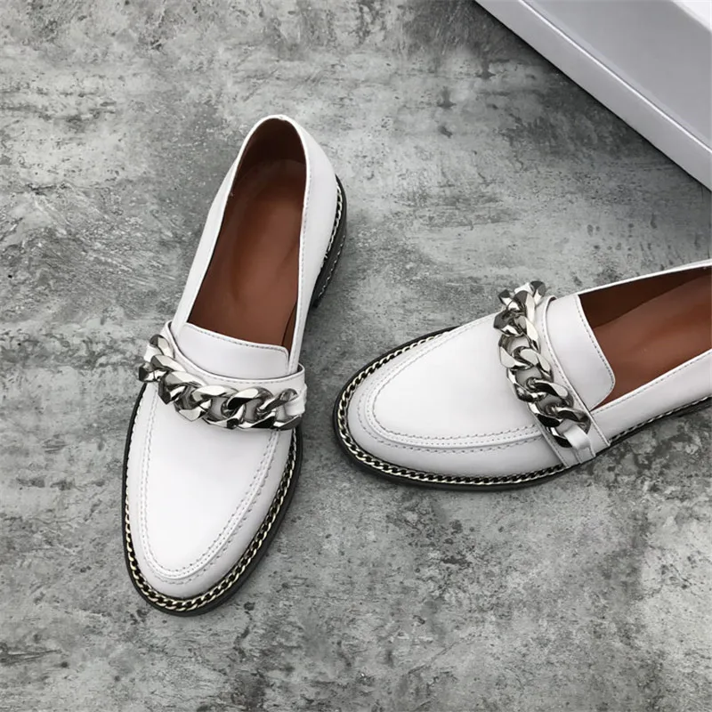 Woman Loafers Thick Metal Chain Genuine Leather luxury shoes women designers Lady Flat Shoes Design Round Toe Heels Oxford - Цвет: AS PICTURE