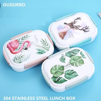

OUSSIRRO Fashion Ins Flamingo Thermos Lunch Box Food Containers 304 Stainless Steel Lunchbox Office School Kids Bento Box