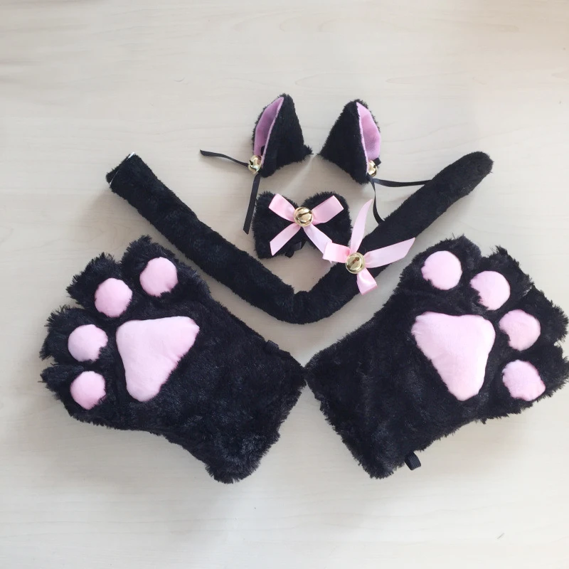 1set Anime Cosplay Costume Cat Ears Plush Paw Claw Gloves