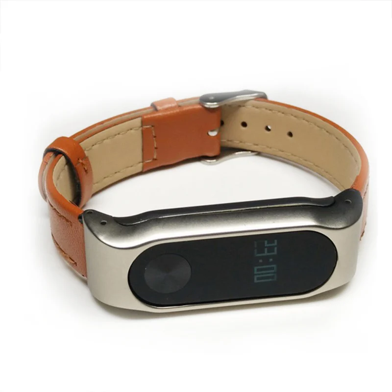 Модный кожаный ремешок для Mi Band 2 с металлической рамкой регулируемый