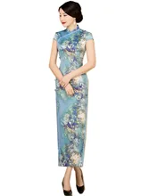 Shanghai Story Faux Silk Qipao dress Long Chinese Cheongsam dresses Short Sleeve Chinese Traditional Dress for Woman