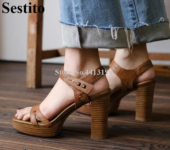 

Summer New Black Peep Toe Thick High Heel Buckle Sandals A Word Waterproof Platform Rivets European And American Women Shoes