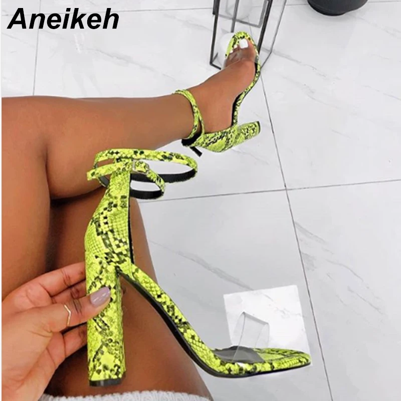 

Aneikeh 2019 Summer PU Sandals Women Transparent Square High Heels Sandals Buckle Daily Contracted Stripe Green White Size35-40
