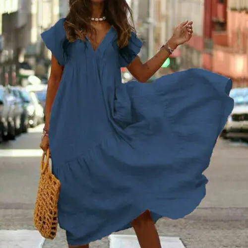 

Women Boho Short Sleeve Summer Solid Color Casual Holiday Party Beach Dress Female Ladies Long Sundress 2019 New Arrivals