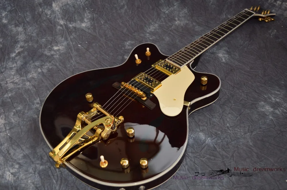 China's OEM firehawk  Hollow Jazz Electric Guitar  Dark red wine color with Bigsby Tremolo Golden Hardware Free Shipping