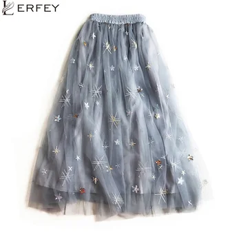 

LERFEY Elegant Tulle Long Pleated Skirt Women Summer Autumn Star Embroidery A-line Tutu Lace Mesh Skirts Midi Bling Bling Skirt