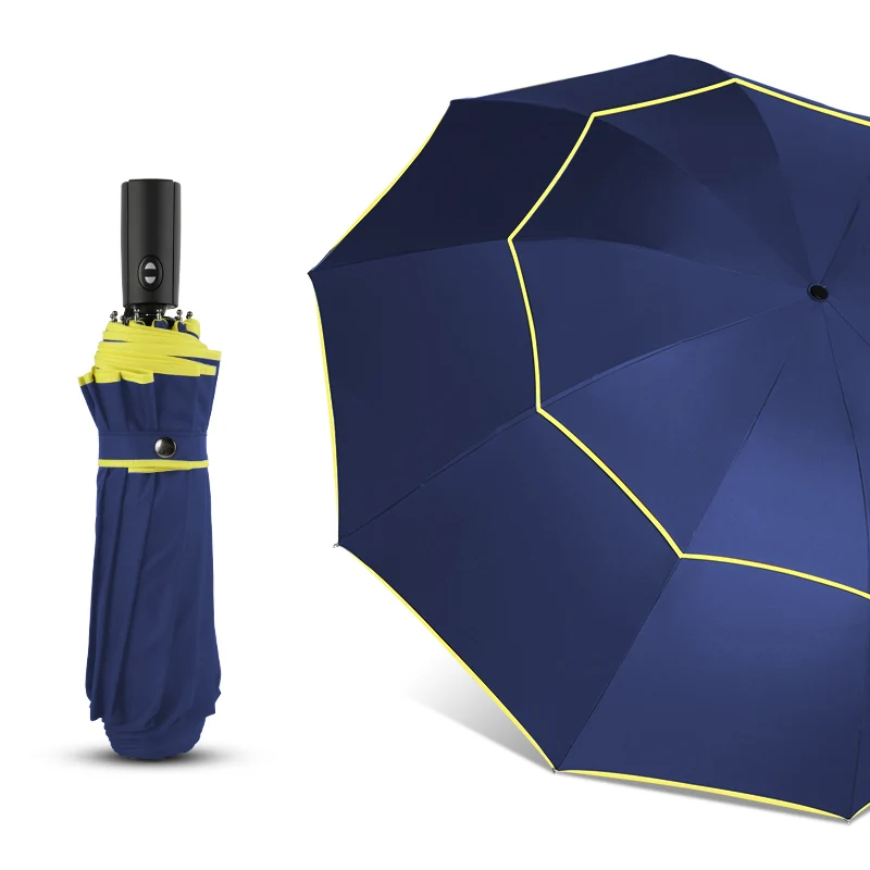 High Quality 120cm Fully-automatic Umbrella Men Rain Woman Double Layer 3 Folding Business Gift Umbrella Windproof Sun Umbrellas - Цвет: Blue
