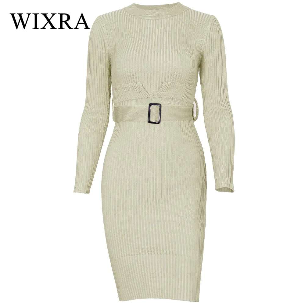 

Wixra Warm and Charm Women 2017 Autumn Winter Long Sleeve O Neck Slim Bodycon Knitted Sweater Midi Split Sheath Dress With Belt