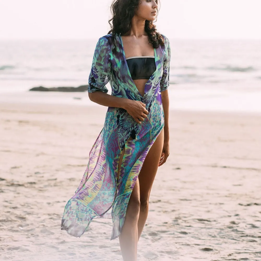 

Bsubseach Chiffon Print Kimono Long Cardigan Feminino Ver O Robe De Plage Half Sleeve Beach Bikini Cover Up Playa De La Mujer