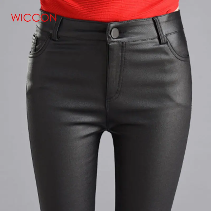 

Women Thin Velvet PU Leather Pants 2019 Autumn Winter Female Sexy Elastic Stretch Skinny Tight Faux Leather Pencil Pants Trouser